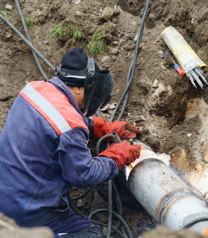 Technicien réalisant une intervention sur une canalisation enterrée d'un réseau d'assainissement.