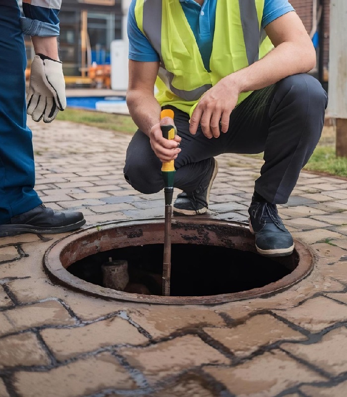 Technicien intervenant dans un regard d’assainissement pour déboucher une canalisation obstruée.